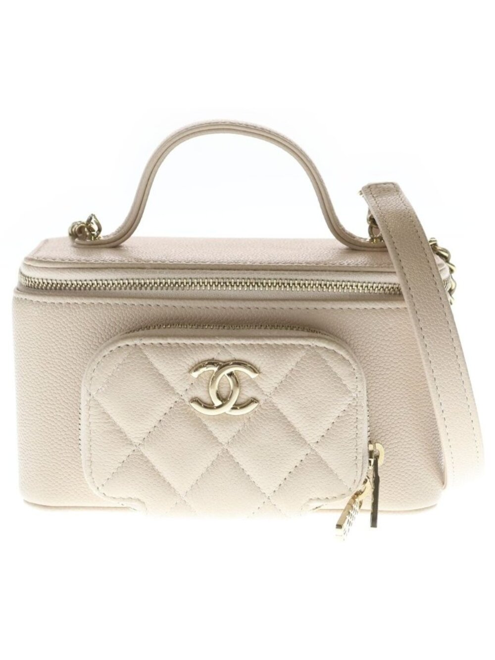 Chanel Vanity Quilted Caviar Leather 2-Way Chain Shoulder Hand Bag Gold Beige